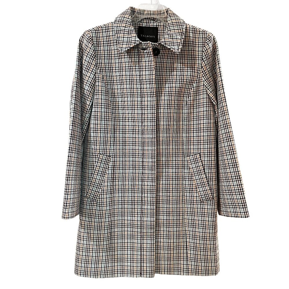 NWT Talbots Check Plaid Coat Ivory Aqua Camel Navy Brown Size 2 - Picture 2 of 7